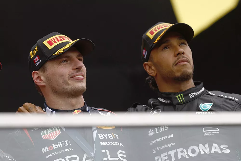 Adrian Newey, Chief Technology Officer, Red Bull Racing, Max Verstappen, Red Bull Racing, 1st position, Lewis Hamilton, Mercedes-AMG, 3rd position, on the podium