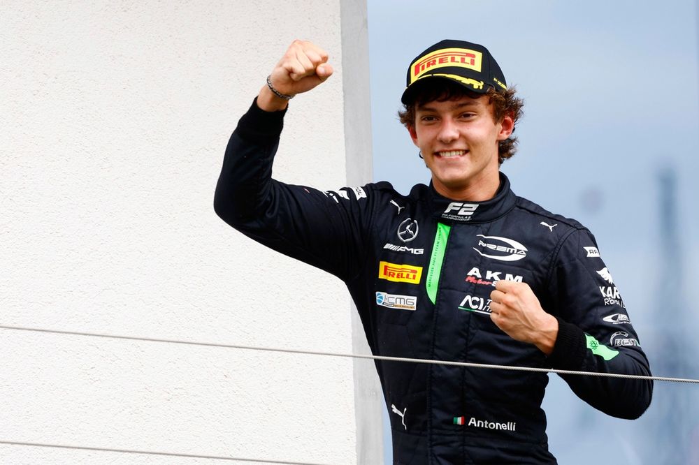 Andrea Kimi Antonelli, Prema Racing, 1st position, celebrates the win on the podium
