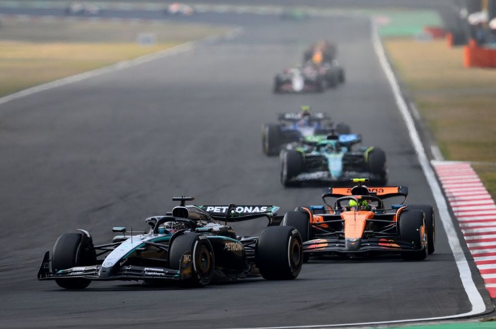 Lando Norris, McLaren, George Russell, Mercedes, Lance Stroll, Aston Martin Racing