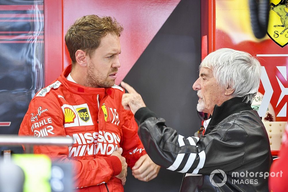 Sebastian Vettel, Ferrari, y Bernie Ecclestone, Presidente Emiritus de F&oacute;rmula 1