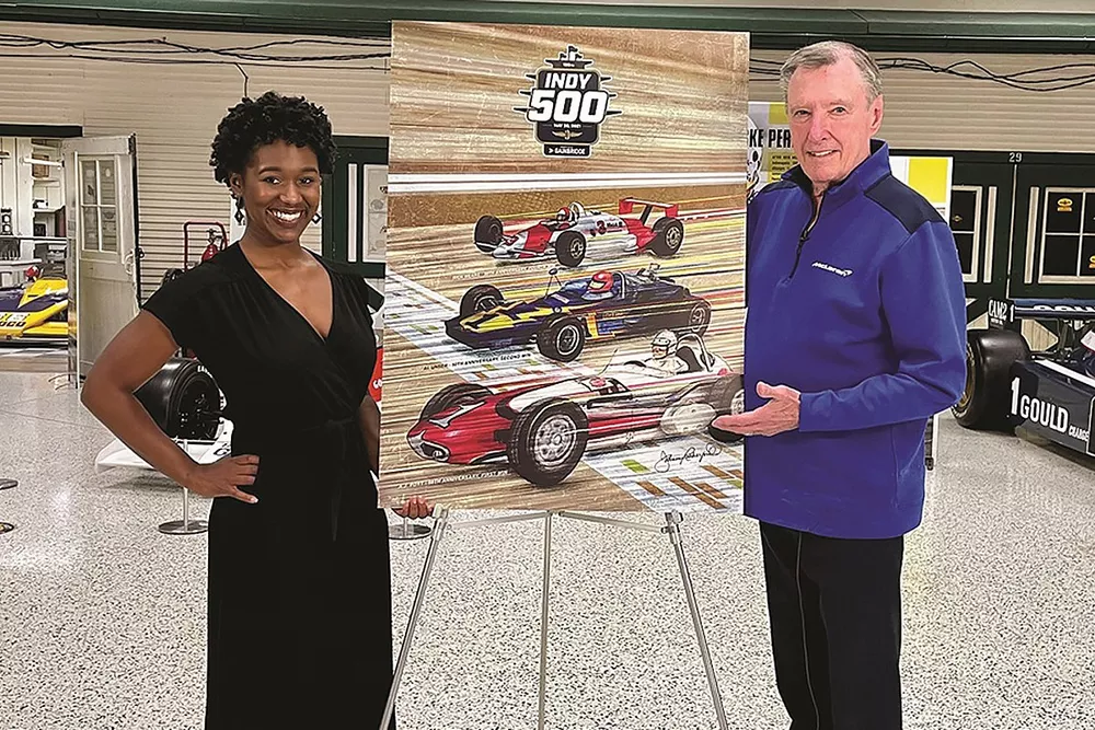 Amiah Mims and Johnny Rutherford releasing the 2021 Indy 500 program cover art