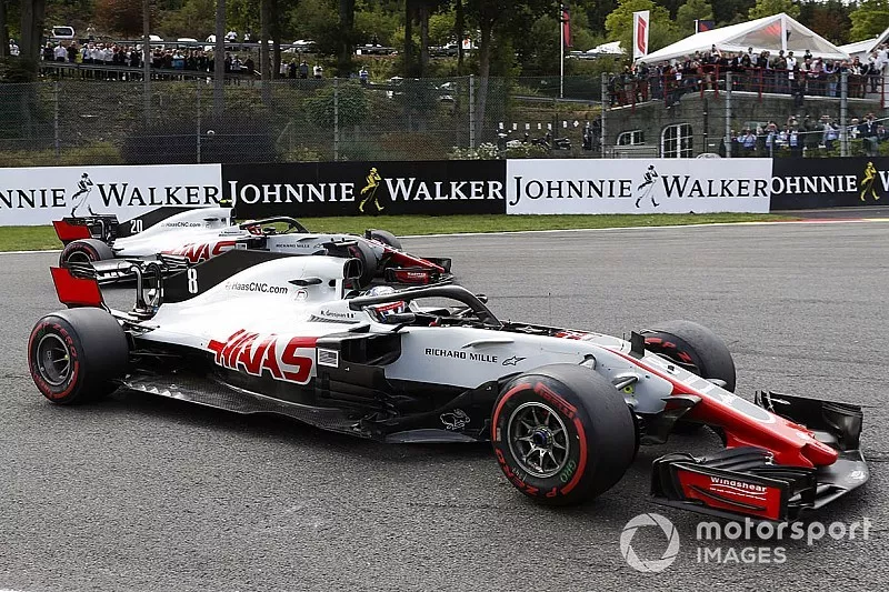 Romain Grosjean, Haas F1 Team VF-18, leads Kevin Magnussen, Haas F1 Team VF-18