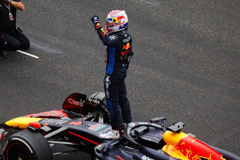 Max Verstappen, Red Bull Racing, 1st position, celebrates on arrial in Parc Ferme