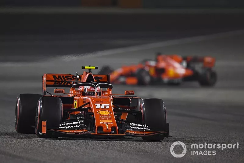 Charles Leclerc, Ferrari SF90, leads Sebastian Vettel, Ferrari SF90