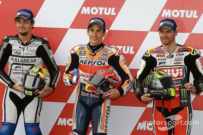 Qualifying: second place Karel Abraham, Aspar Racing Team, polesitter Marc Marquez, Repsol Honda Team, third place Cal Crutchlow, Team LCR Honda