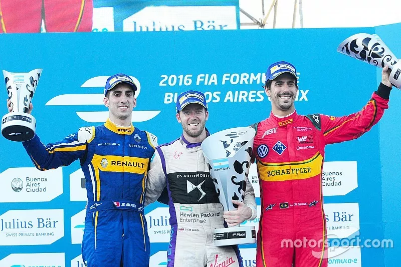 Podium: Winner Sam Bird, DS Virgin Racing Formula E Team; second place S&eacute;bastien Buemi, Renault e.Dams, thrid place Lucas di Grassi, ABT Schaeffler Audi Sport