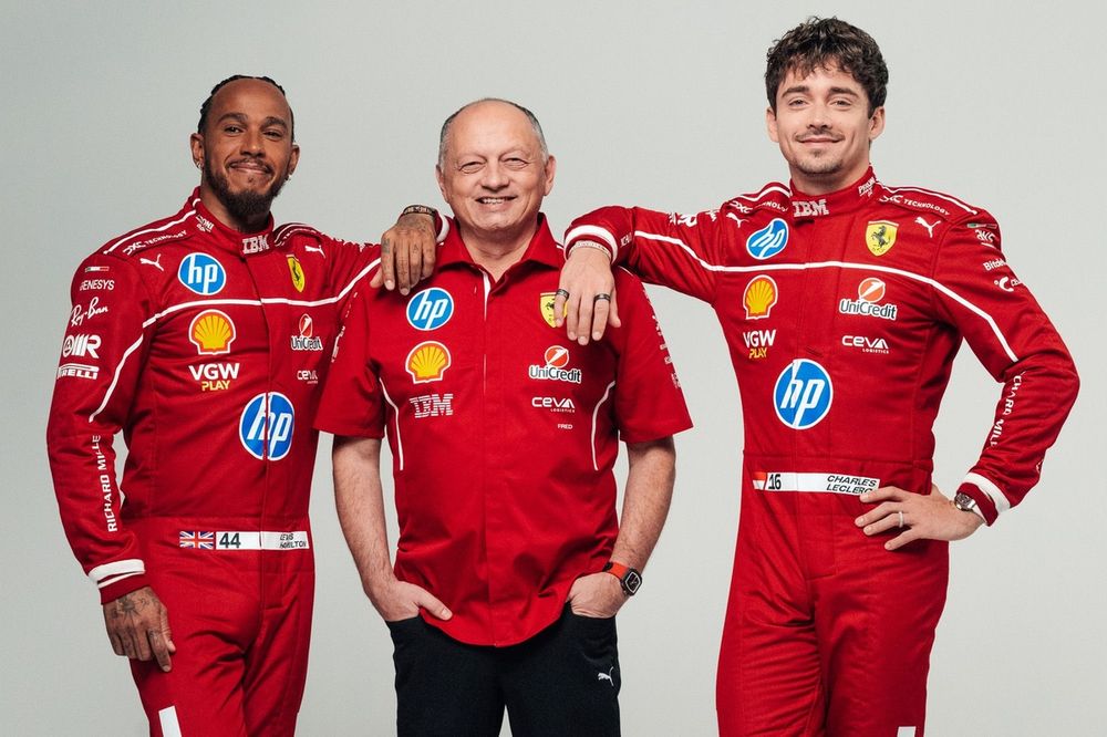 Lewis Hamilton, Charles Leclerc, Ferrari and Frederic Vasseur, Team Principal and General Manager, Scuderia Ferrari