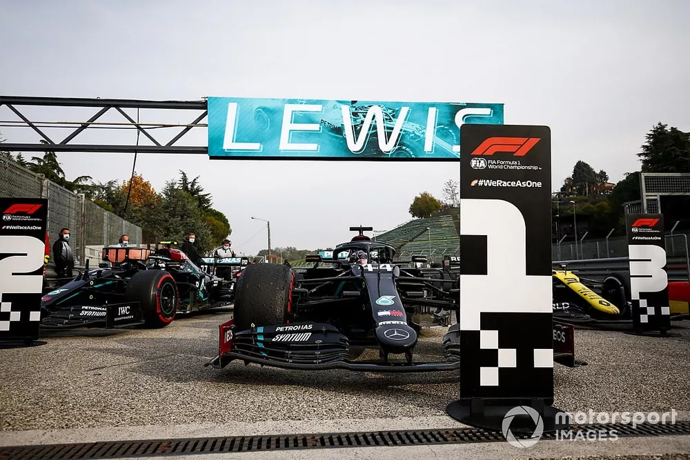 Race winner Lewis Hamilton, Mercedes F1 W11 drives into Parc Ferme 