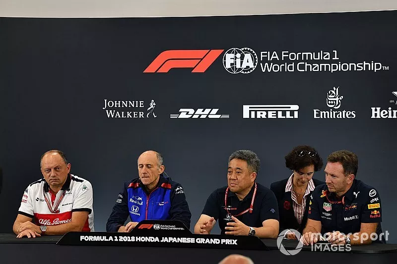 Frederic Vasseur, Sauber, Team Principal, Franz Tost, Scuderia Toro Rosso Team Principal, Toyoharu Tanabe, Honda F1 Technical Director and Christian Horner, Red Bull Racing Team Principal in the Press Conference 