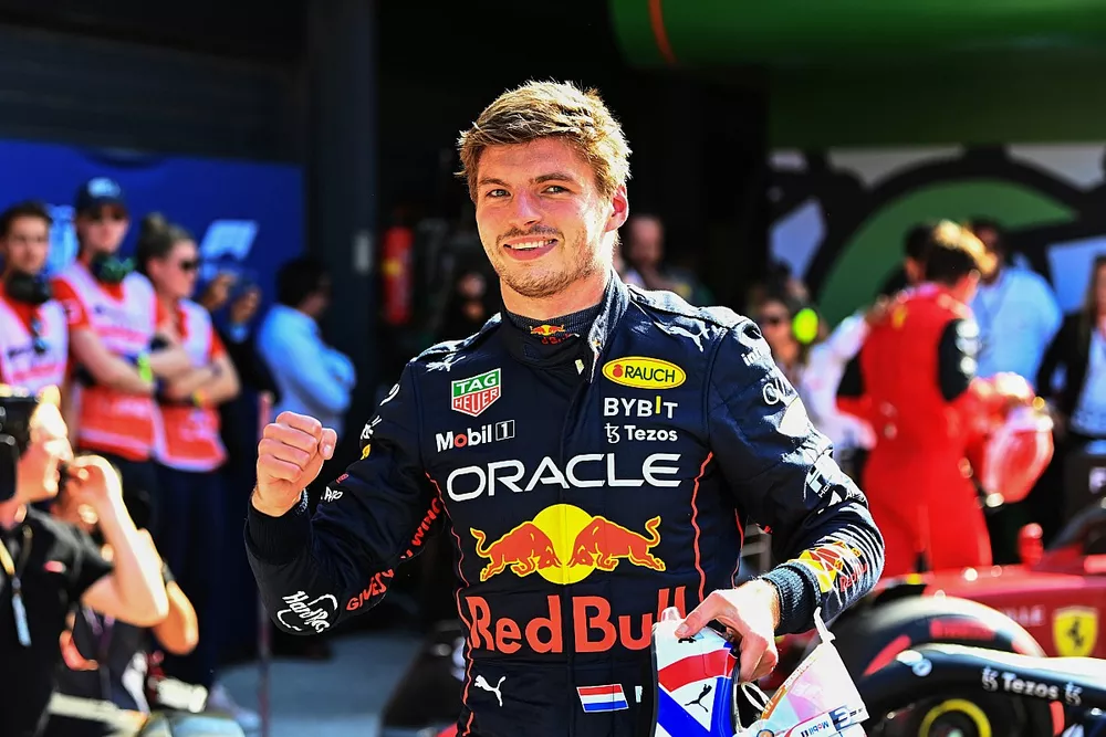 Pole man Max Verstappen, Red Bull Racing, celebrates in Parc Ferme