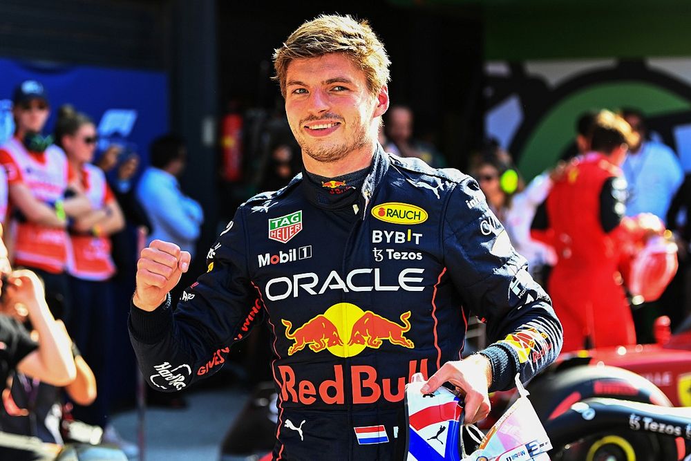 Pole man Max Verstappen, Red Bull Racing, celebrates in Parc Ferme