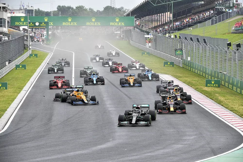 Lewis Hamilton, Mercedes W12 Max Verstappen, Red Bull Racing RB16B, Lando Norris, McLaren MCL35M and Valtteri Bottas, Mercedes W12 