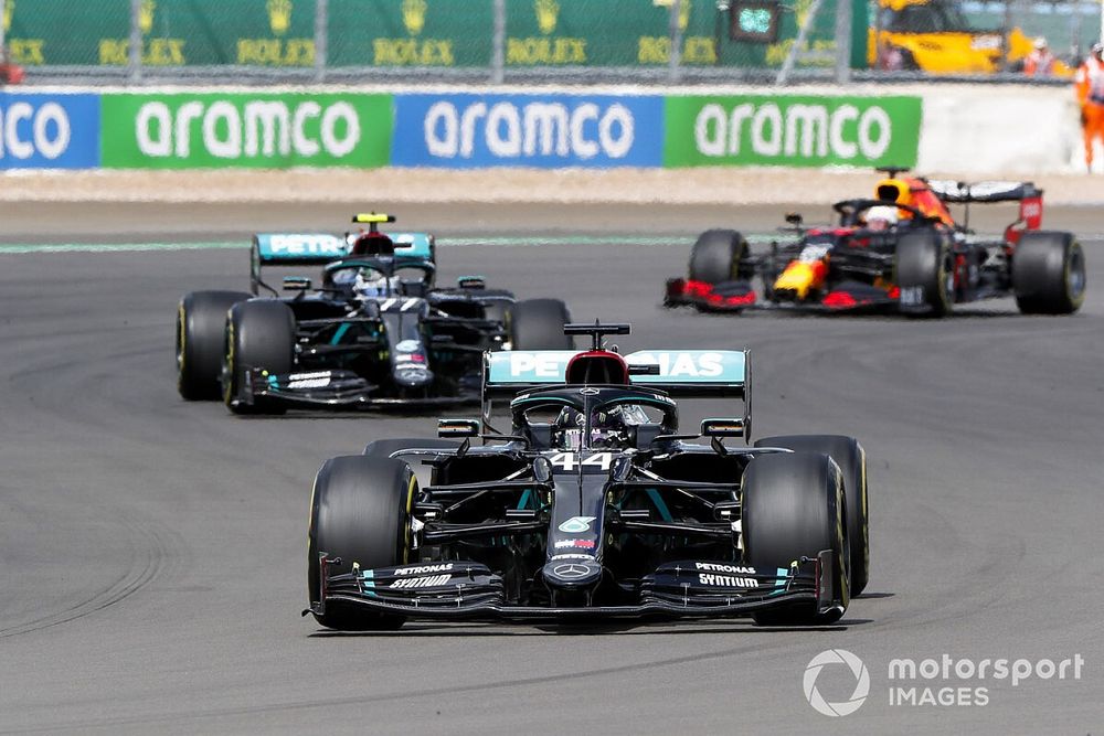 Lewis Hamilton, Mercedes F1 W11, Valtteri Bottas, Mercedes F1 W11, and Max Verstappen, Red Bull Racing RB16