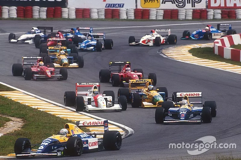 D&eacute;part : Ricardo Patrese, Williams Renault, m&egrave;ne devant Nigel Mansell, Williams Renault, Ayrton Senna, McLaren Honda, Michael Schumacher, Benetton Ford