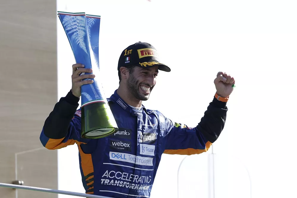 Daniel Ricciardo, McLaren, 1st position, with his trophy