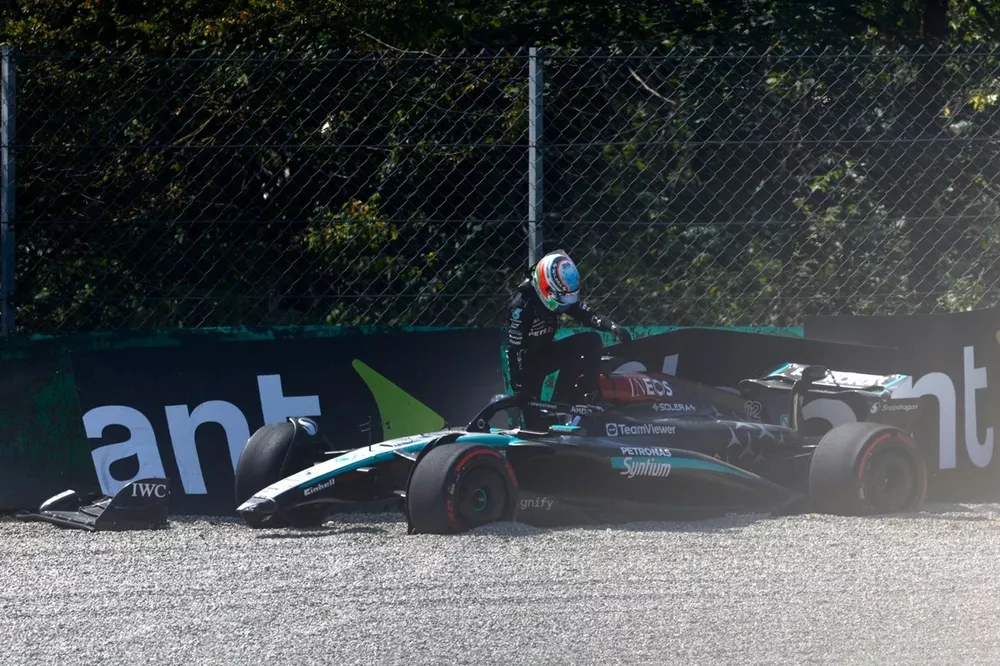 Andrea Kimi Antonelli, Mercedes F1 W15, climbs out of his damaged car after a crash in FP1