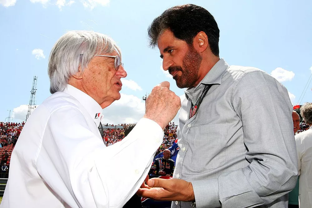 Bernie Ecclestone talks with Mohammed Bin Sulayem