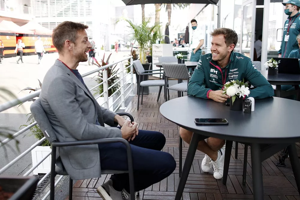 Jenson Button, Sky TV and Sebastian Vettel, Aston Martin 