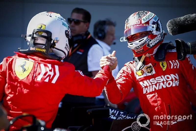 Pole Sitter Sebastian Vettel, Ferrari and Charles Leclerc, Ferrari celebrate in Parc Ferme 