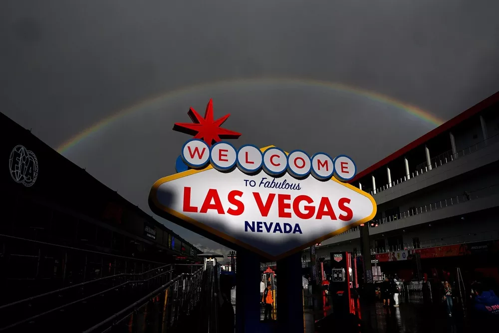 A rainbow above the Welcome to Las Vegas sign