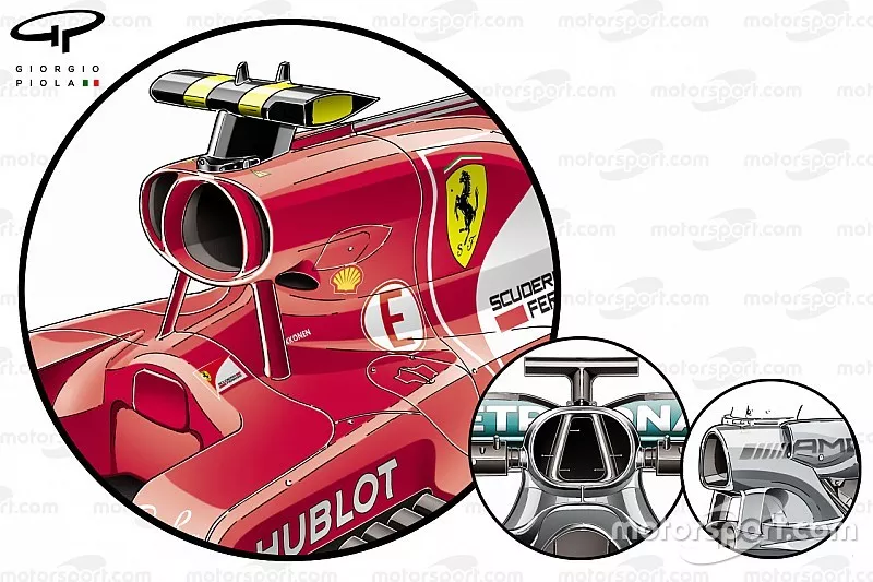 Ferrari SF70H vs. Mercedes F1 W07 und W05: Airbox, Vergleich