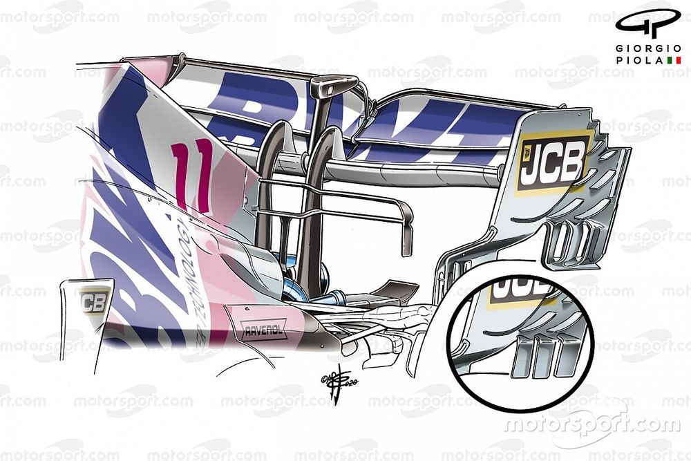 Alerón trasero del Racing Point RP20 en el GP de Sakhir