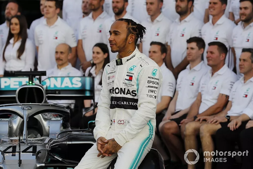 Lewis Hamilton, Mercedes AMG F1, poses for a group photo