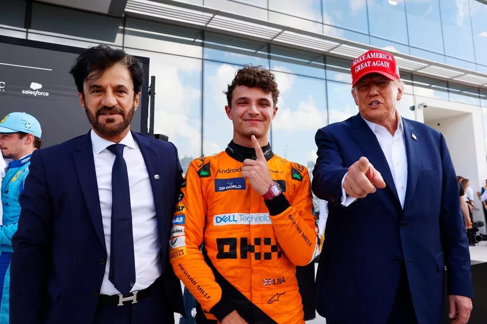 Mohammed Ben Sulayem, President, FIA, Lando Norris, McLaren F1 Team, 1st position, Donald Trump