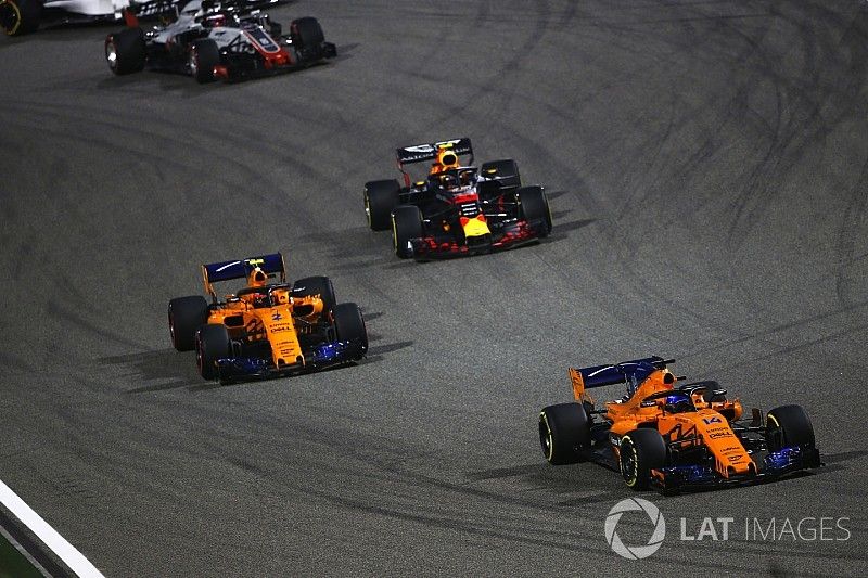 Fernando Alonso, McLaren MCL33 Renault, Stoffel Vandoorne, McLaren MCL33 Renault, Max Verstappen, Red Bull Racing RB14 Tag Heuer, and Romain Grosjean, Haas F1 Team VF-18 Ferrari