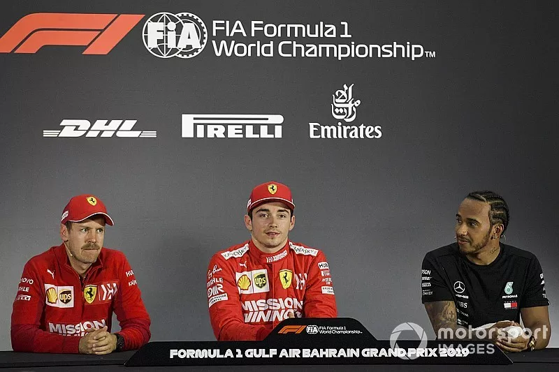 Sebastian Vettel, Ferrari, Charles Leclerc, Ferrari and Lewis Hamilton, Mercedes AMG F1 in Parc Ferme