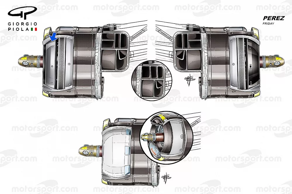 Comparaci&oacute;n del conducto del freno delantero del Red Bull Racing RB16B, GP de M&eacute;xico