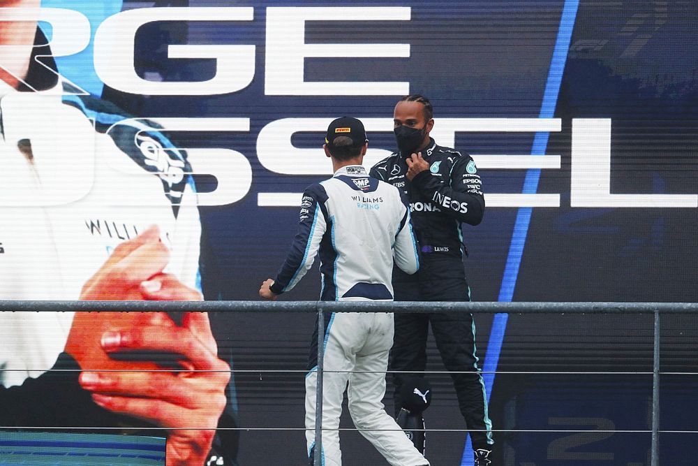 George Russell, Williams, 2nd position, and Lewis Hamilton, Mercedes, 3rd position, on the podium