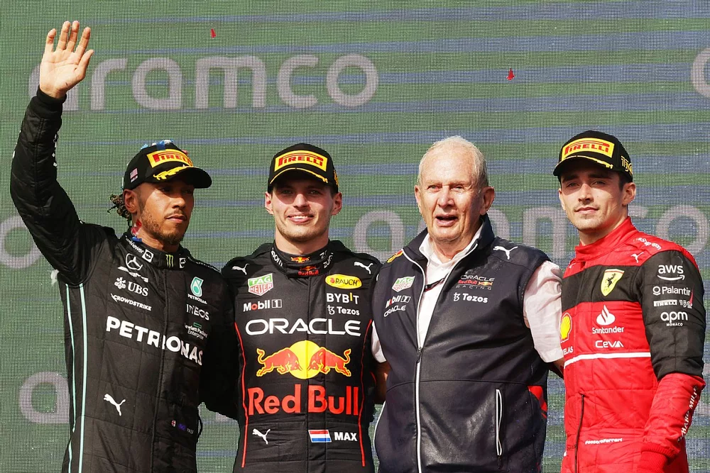 Lewis Hamilton, Mercedes AMG, 2nd position, Max Verstappen, Red Bull Racing, 1st position, Helmut Marko, Consultant, Red Bull Racing, Charles Leclerc, Ferrari, 3rd position, on the podium