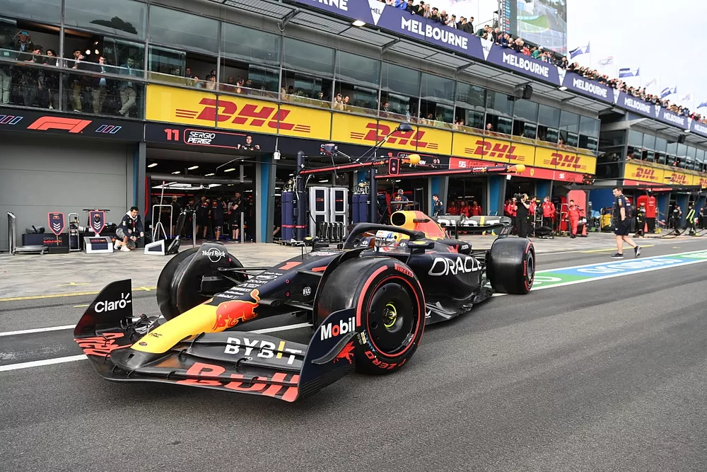 Max Verstappen, Red Bull Racing RB19, leaves the garage