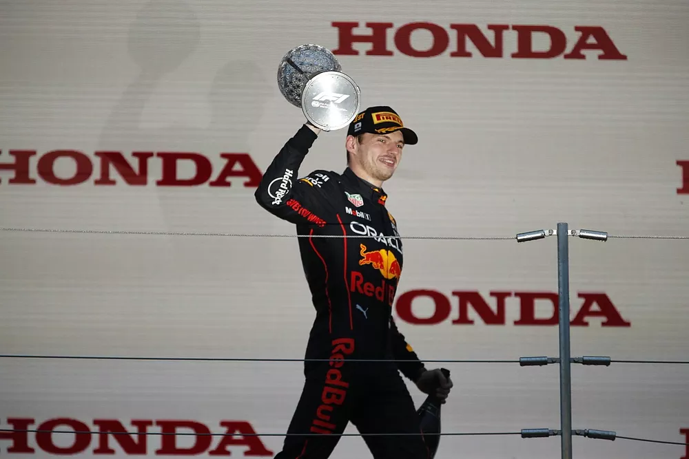 Max Verstappen, Red Bull Racing, 1st position, celebrates on the podium