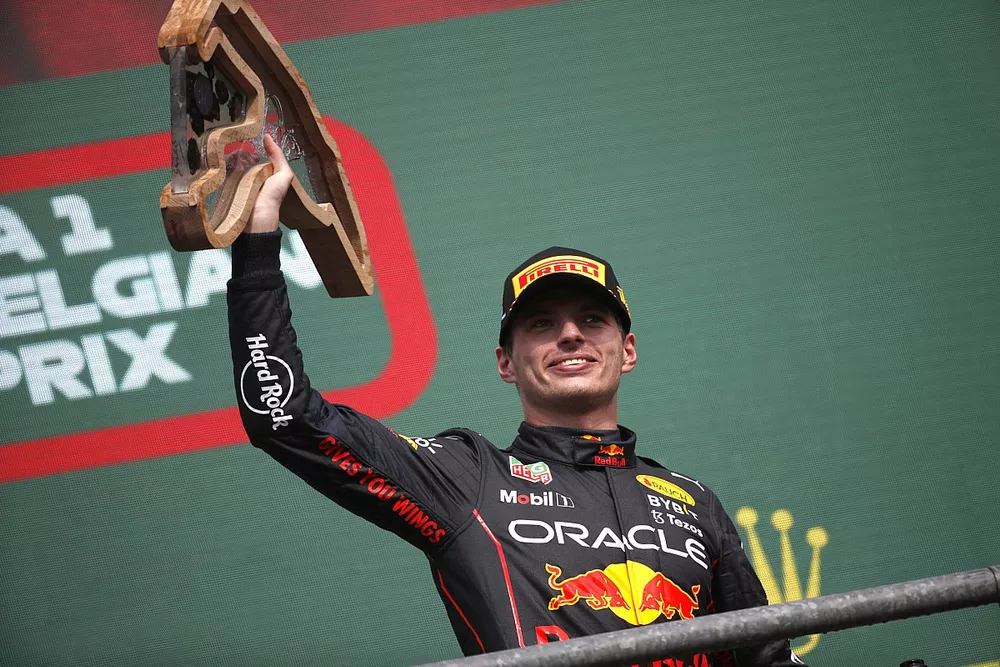 Max Verstappen, Red Bull Racing, 1st position, with his trophy
