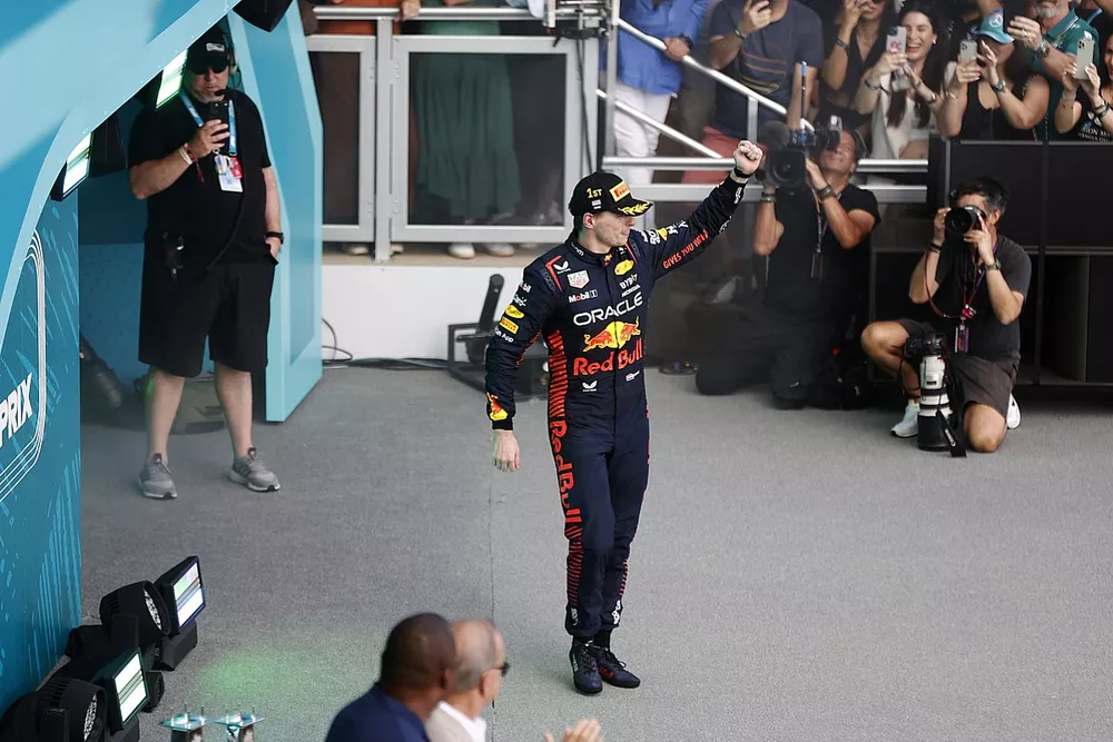 Max Verstappen, Red Bull Racing, 1st position, arrives on the podium