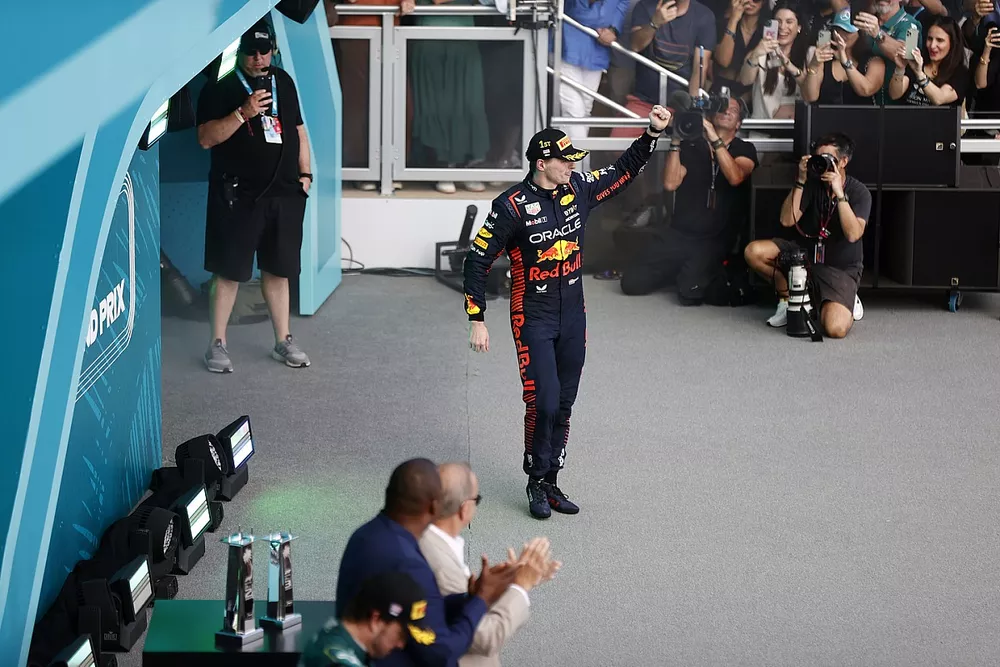 Max Verstappen, Red Bull Racing, 1st position, arrives on the podium