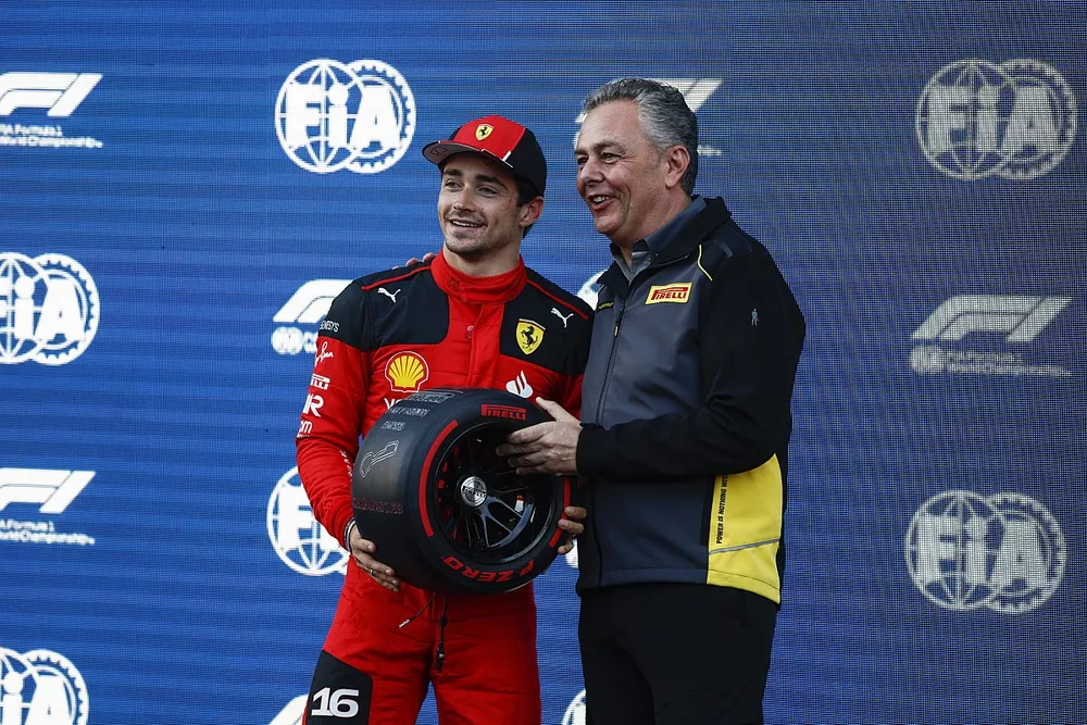 Charles Leclerc, Scuderia Ferrari, receives his Pirelli Pole Position Award from Mario Isola, Racing Manager, Pirelli Motorsport