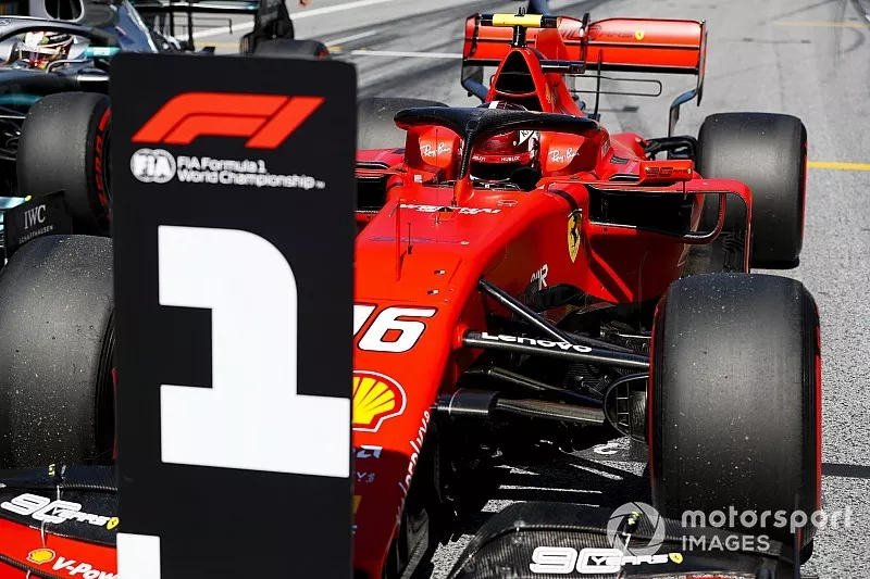 Pole Sitter Charles Leclerc, Ferrari SF90 drives into Parc Ferme 