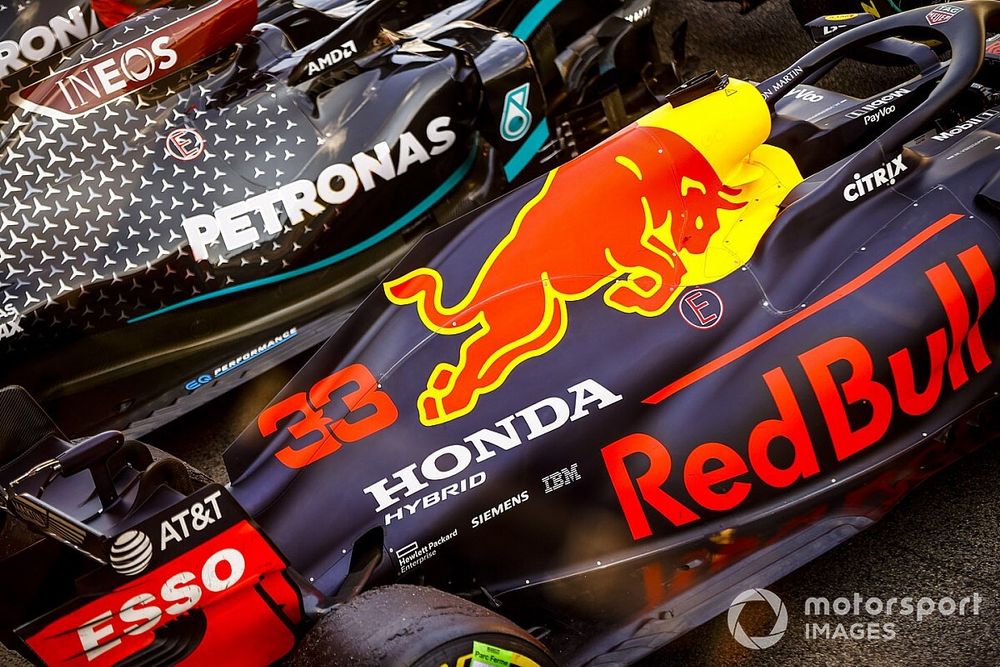 The cars of Max Verstappen, Red Bull Racing RB16, 2nd position, Lewis Hamilton, Mercedes F1 W11 EQ Performance, 1st position, in Parc Ferme after the race