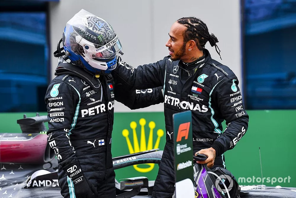 Race Winner Lewis Hamilton, Mercedes-AMG F1 celebrates his 7th World Championship title in Parc Ferme with Valtteri Bottas, Mercedes-AMG F1 