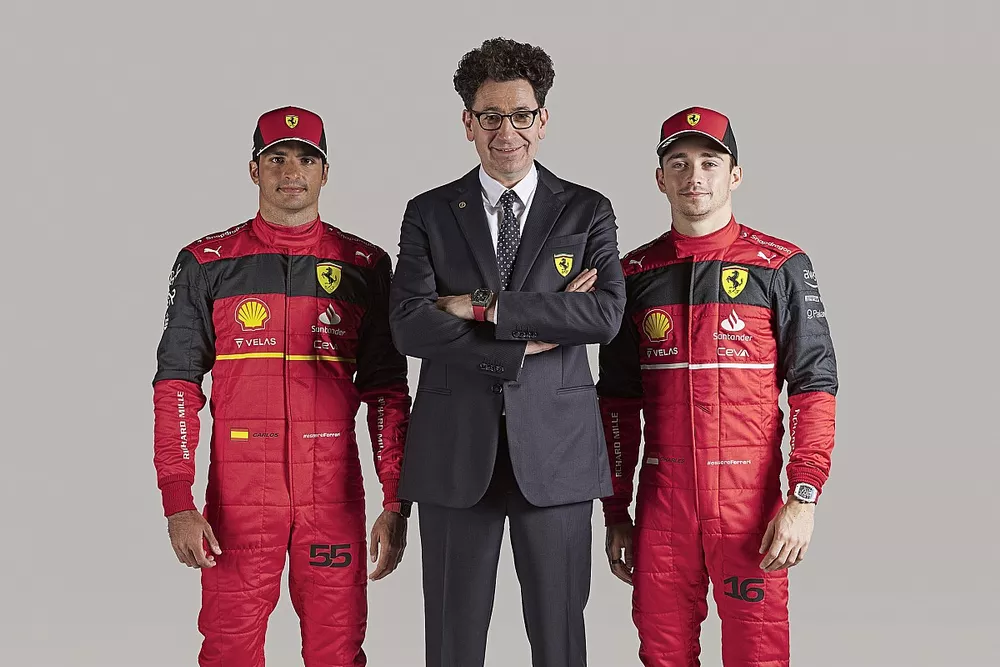 Charles Leclerc, Carlos Sainz Jr., Ferrari, Mattia Binotto, Team Principal, Ferrari 
