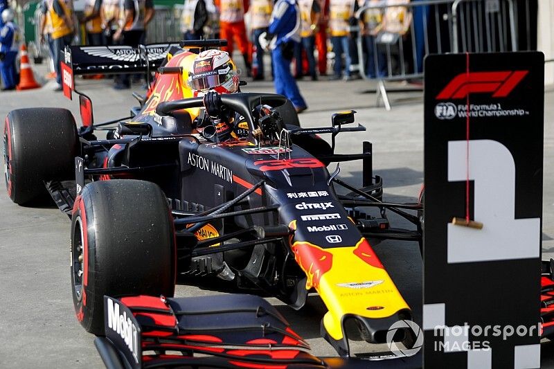 Pole Sitter Max Verstappen, Red Bull Racing celebrates in Parc Ferme 