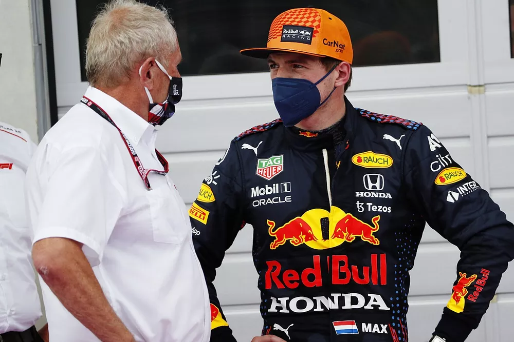 Helmut Marko, Consultant, Red Bull Racing, talks with Max Verstappen, Red Bull Racing, 1st position, in Parc Ferme