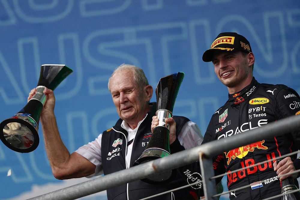 Helmut Marko, Consultant, Red Bull Racing, Max Verstappen, Red Bull Racing, 1st position, with the trophies