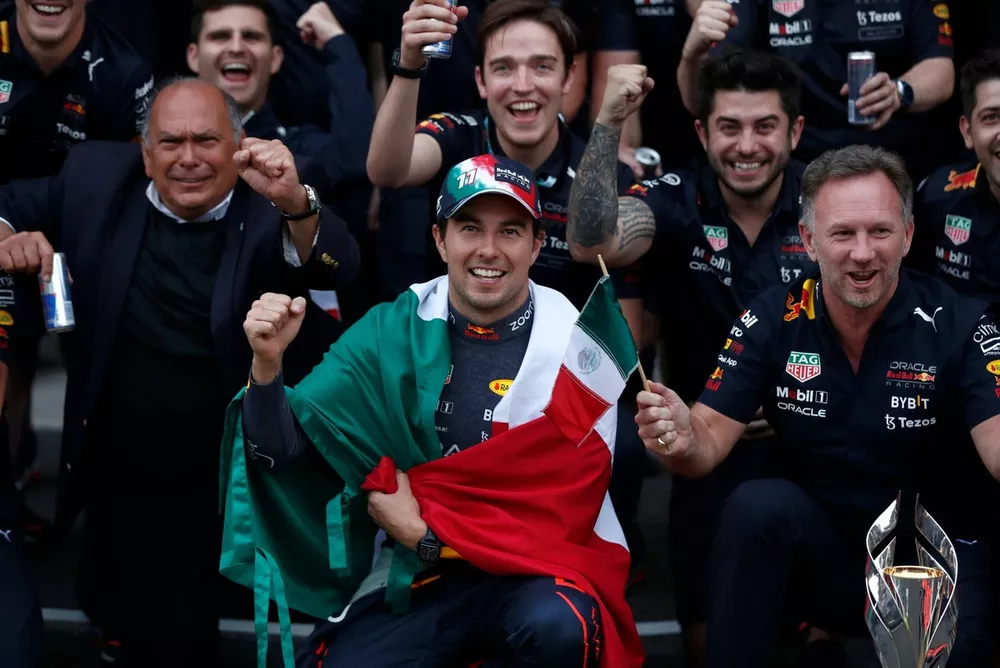 Antonio Perez Garibay, Sergio Perez, Red Bull Racing, 3rd position, Christian Horner, Team Principal, Red Bull Racing, the Red Bull team celebrate victory