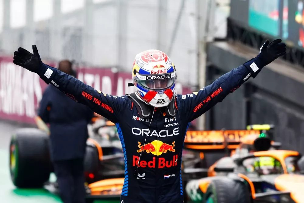 Max Verstappen, Red Bull Racing, 1st position, celebrates in Parc Ferme 