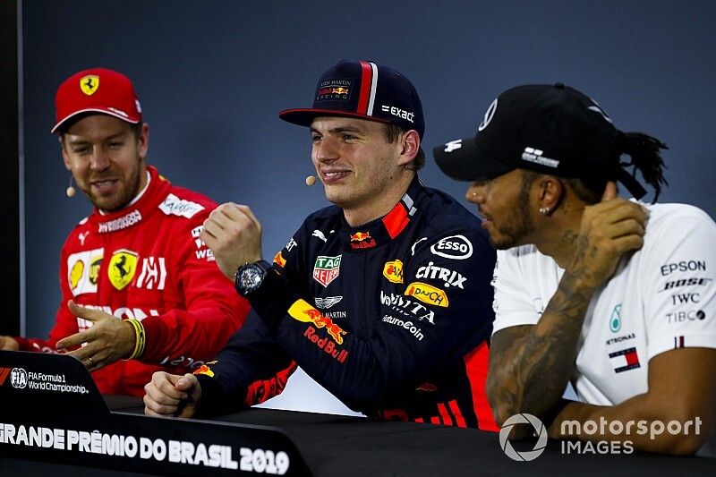 Sebastian Vettel, Ferrari, Pole Sitter Sebastian Vettel, Ferrari and Lewis Hamilton, Mercedes AMG F1 in the Press Conference 