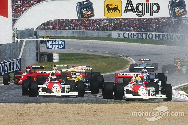 Ayrton Senna, McLaren MP4/5B Honda, leads teammate Gerhard Berger, McLaren MP4/5B Honda